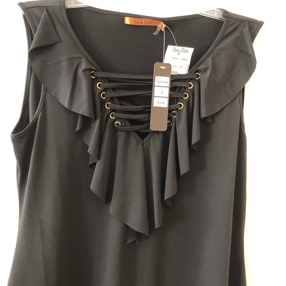Belldini Embellished Ruffled Front Black Sleeveless Tank Size Small - Picture 3 of 7